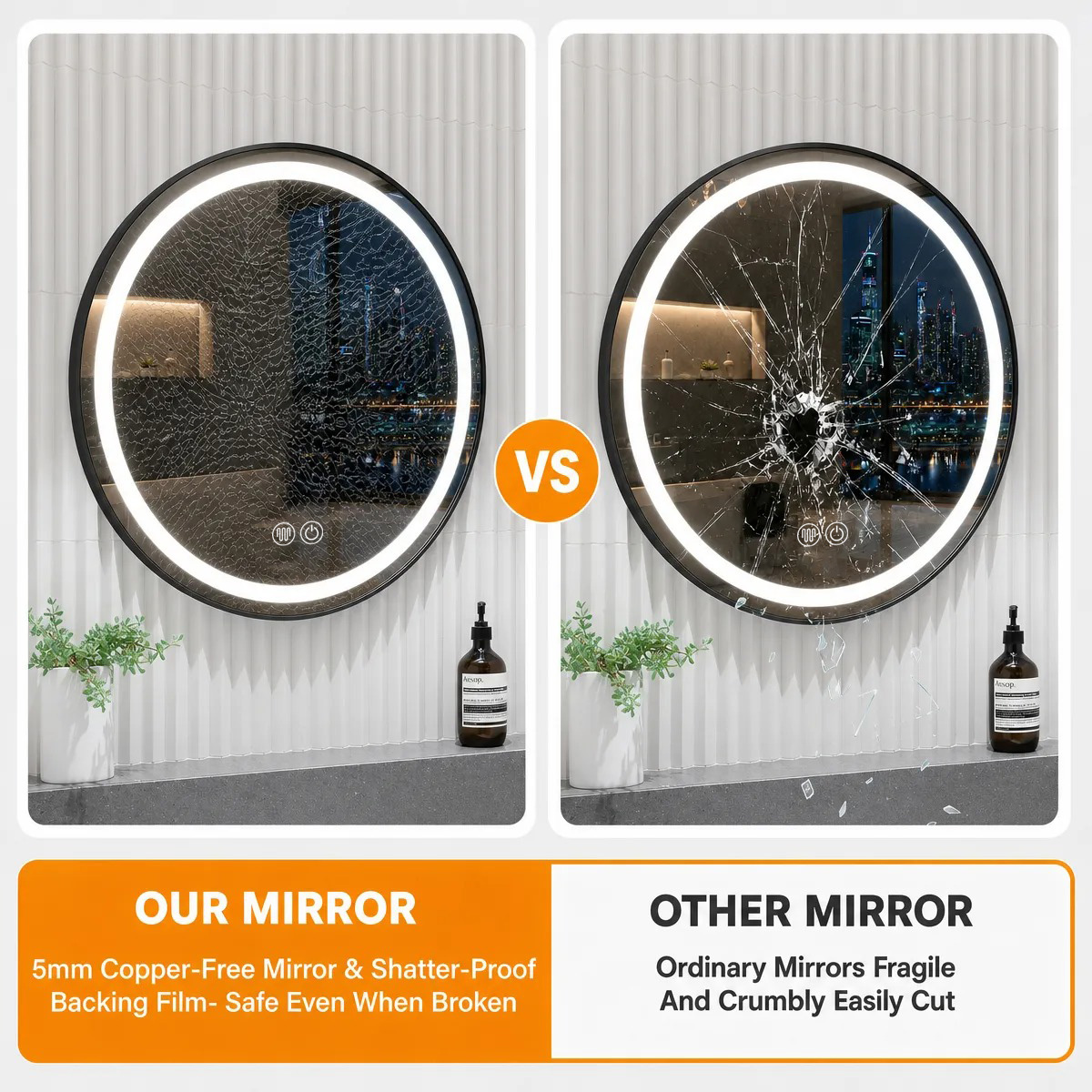 5mm copper-free mirror and shatterproof backing film, safe even when broken