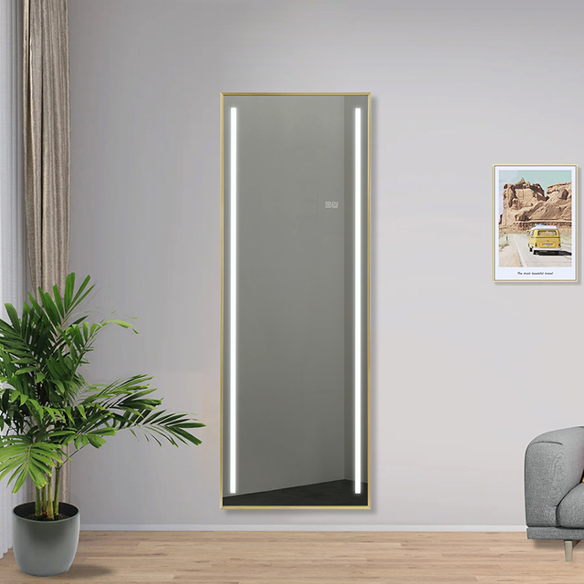 Freestanding Full Body LED Floor Mirror Gold Aluminum Frame Touch Control