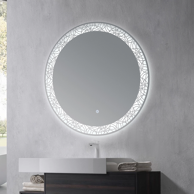 Round LED Bathroom Mirror With Decorative Etched‑Pattern Light Ring Wall‑Mounted Vanity Mirror