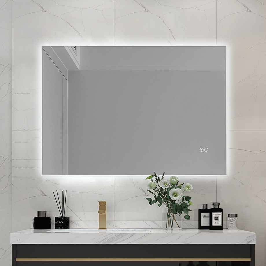 Wall‑Mounted Square Smart LED Vanity Mirror White Acrylic Border Touch‑Control Dimmable
