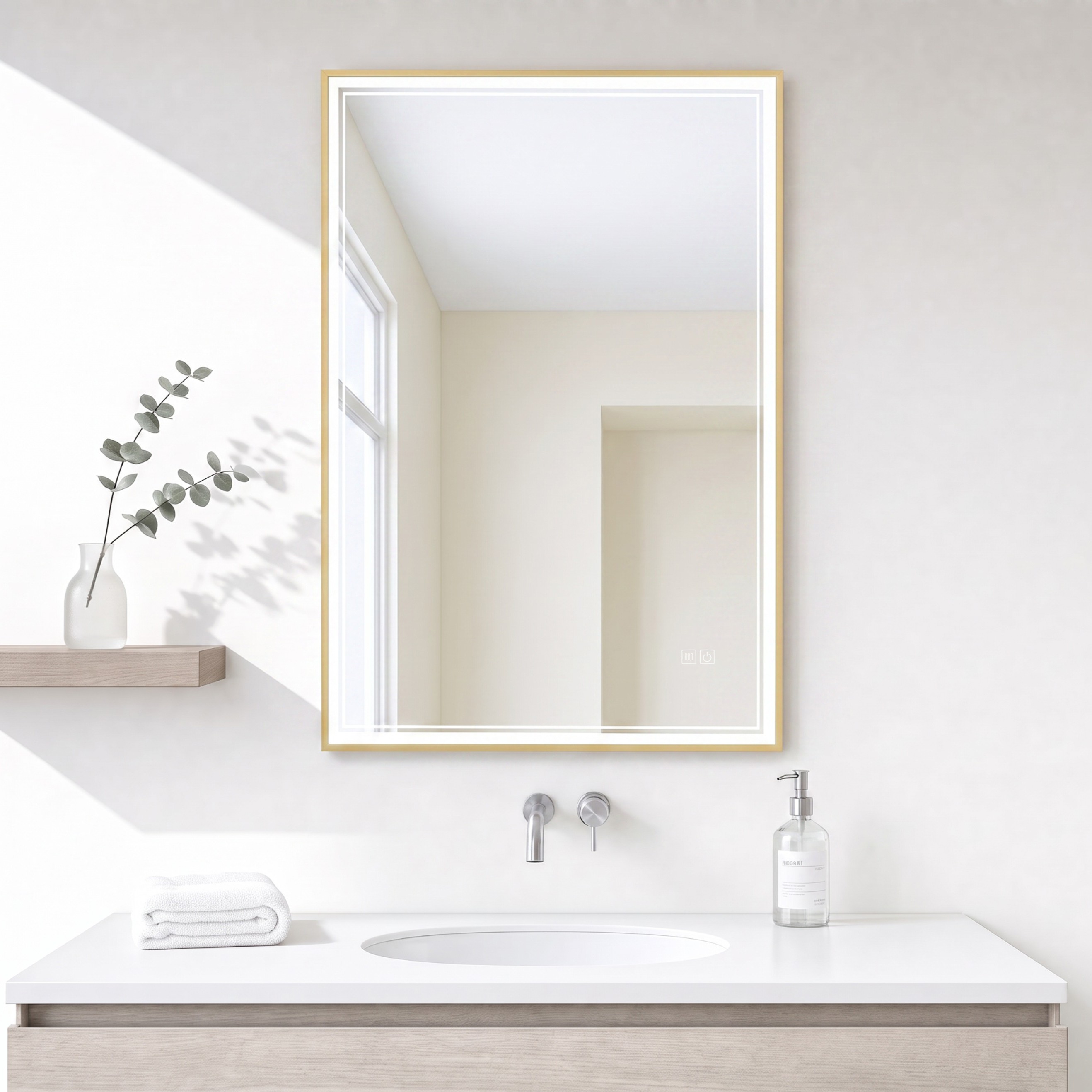 Rectangle Gold Framed Smart Illuminated LED Wall Mounted Home Decor Vanity Makeup Cosmetic Dressing Light Bathroom Mirror