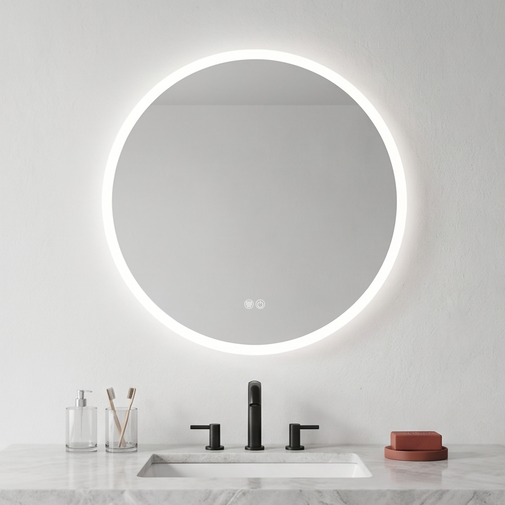 CE Round Sandblasted Modern Smart Illuminated LED Touch Wall Mounted Home Decor Vanity Makeup Cosmetic Light Bathroom Mirror Espejos