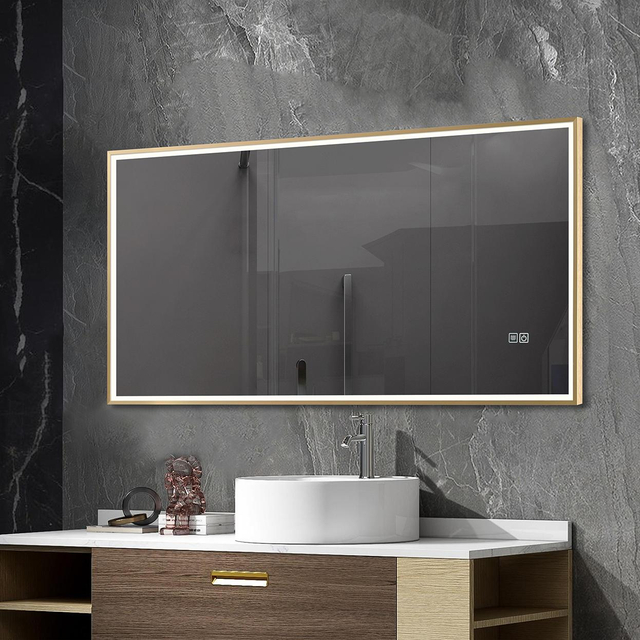 Elegant Rectangular Gold Sandblasted Aluminum Framed Smart Touch Brightness Control Illuminated Wall Home Decor Vanity Makeup Cosmetic LED Bathroom Mirror