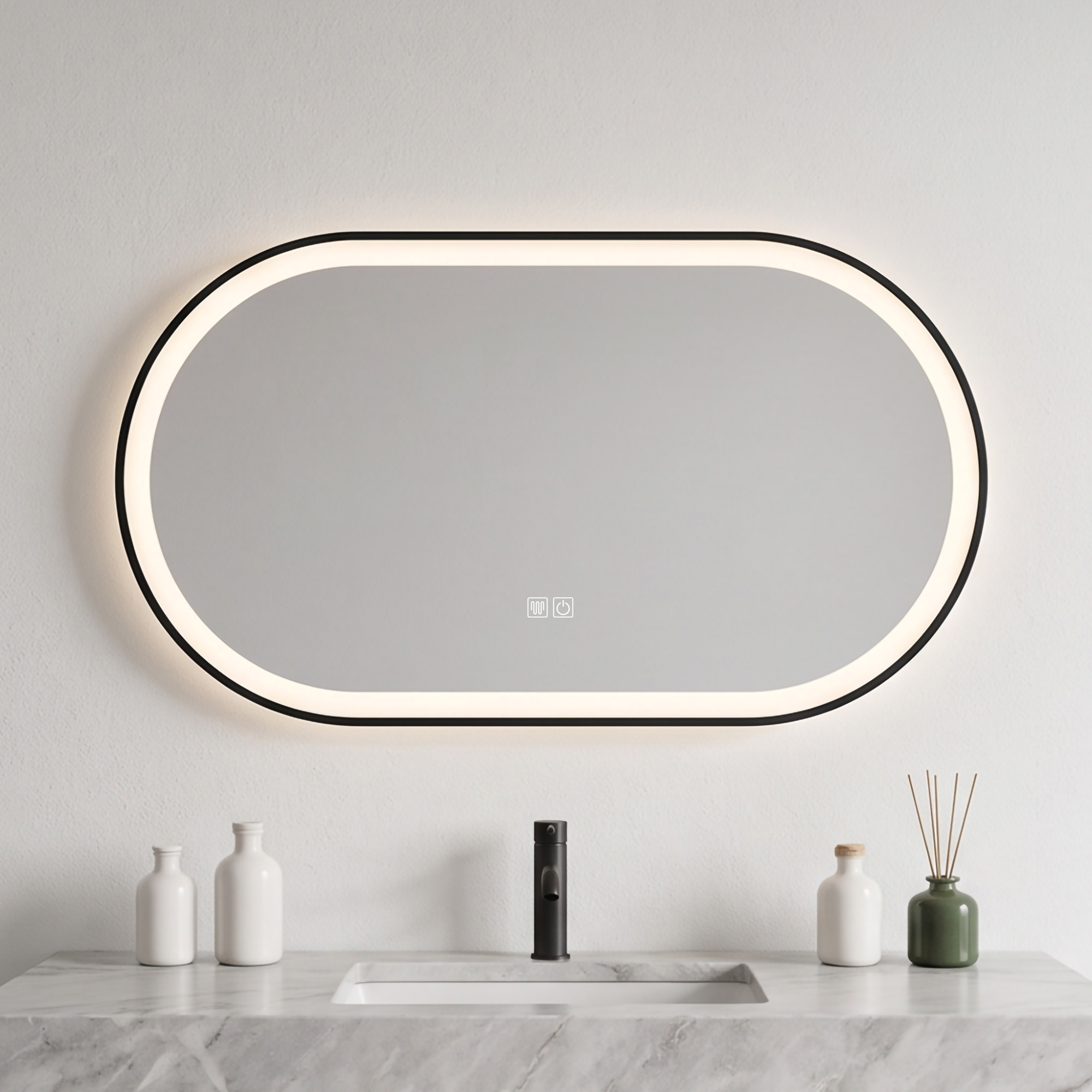 Oval Black Sandblasted Aluminum Framed Smart Touch Anti-Fog Dimmable Three Color Illuminated LED Wall Mounted Home Decor Vanity Makeup Cosmetic Bathroom Mirror