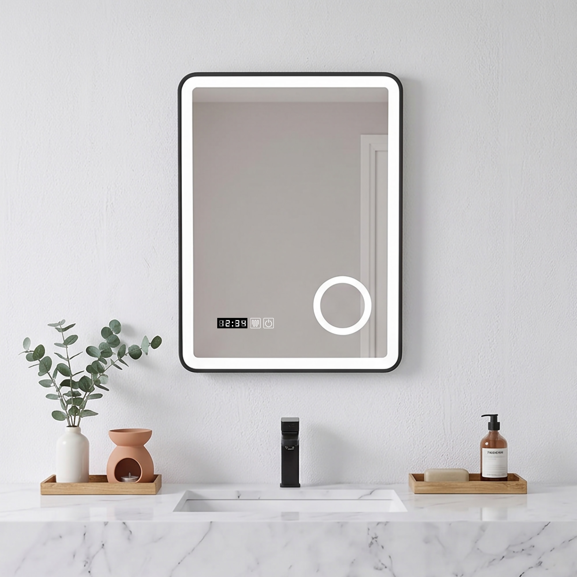 Rectangular Black Sandblasted Aluminum Framed Smart Anti-Fog Magnifier Illuminated LED Wall Mounted Home Decor Vanity Makeup Cosmetic Bathroom Mirror