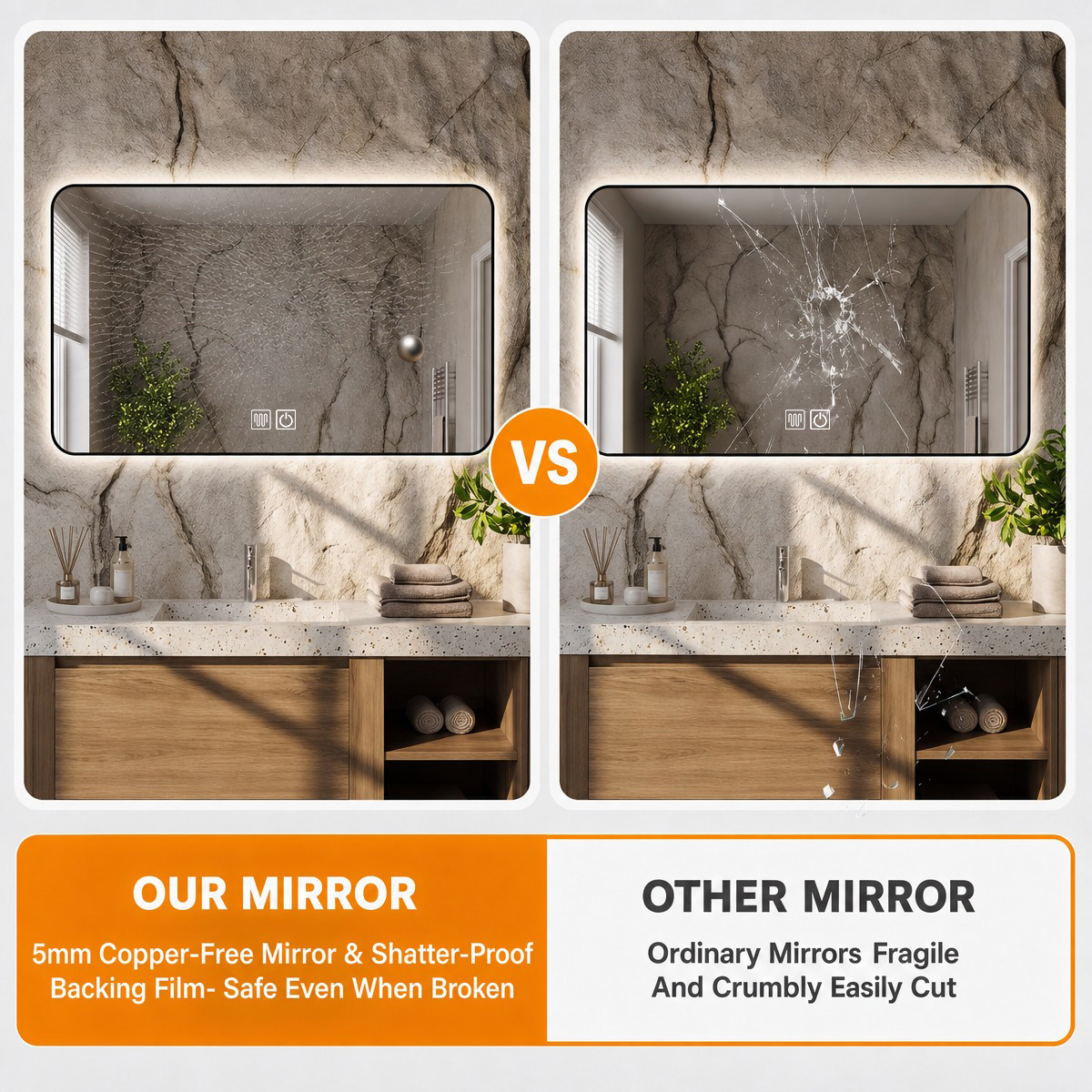 5mm copper-free mirror and shatterproof backing film, safe even when broken