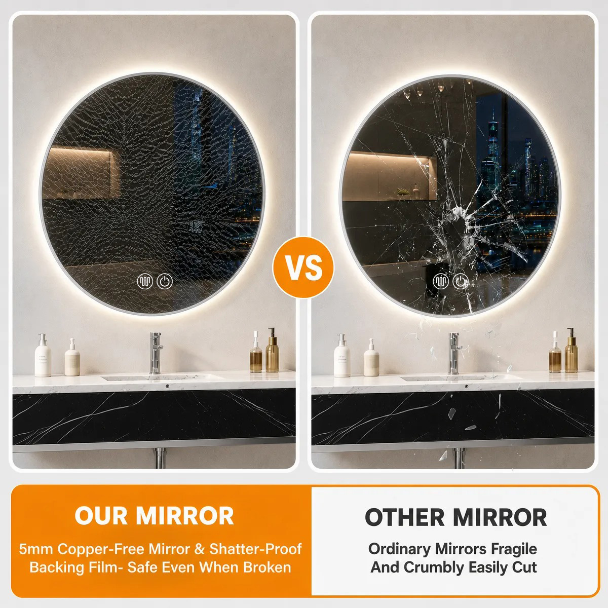 5mm copper-free mirror and shatterproof backing film, safe even when broken