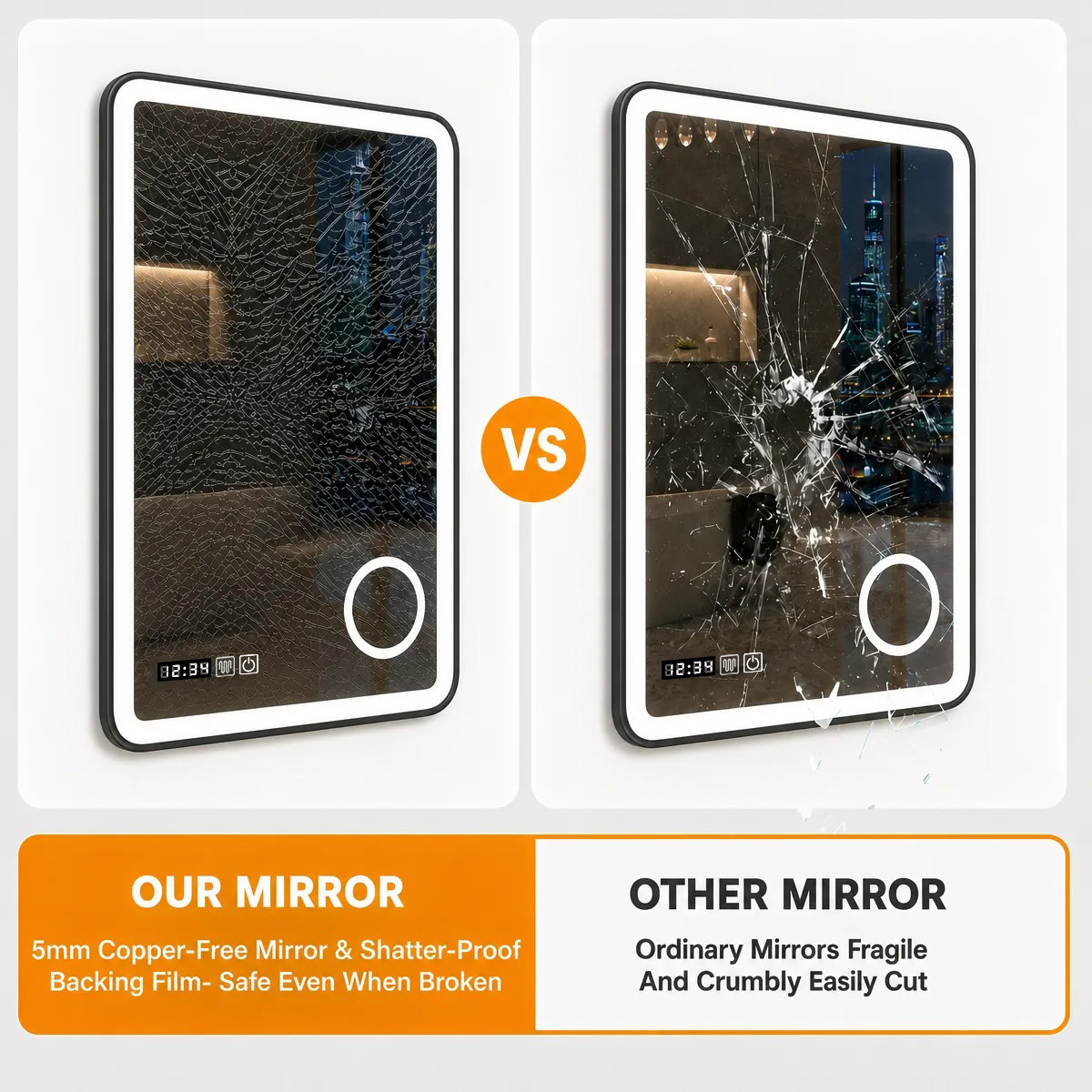 5mm copper-free mirror and shatterproof backing film, safe even when broken