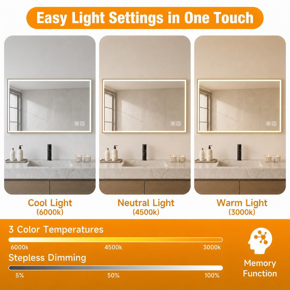 cool neutral warm light, stepless dimming, memory function