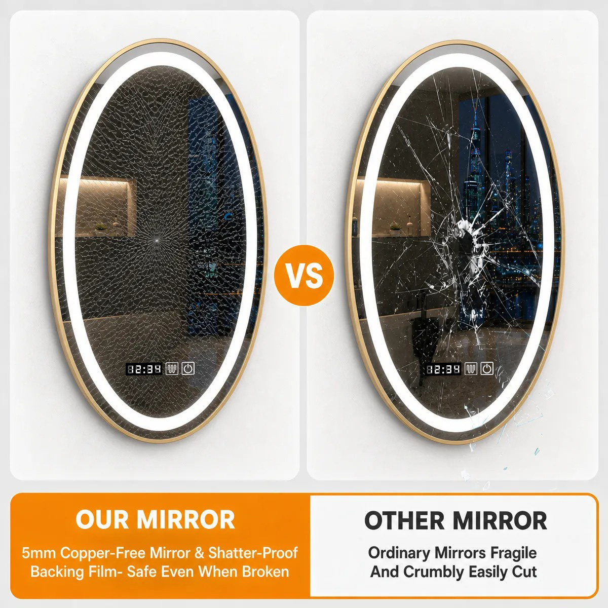 5mm copper-free mirror and shatterproof backing film, safe even when broken