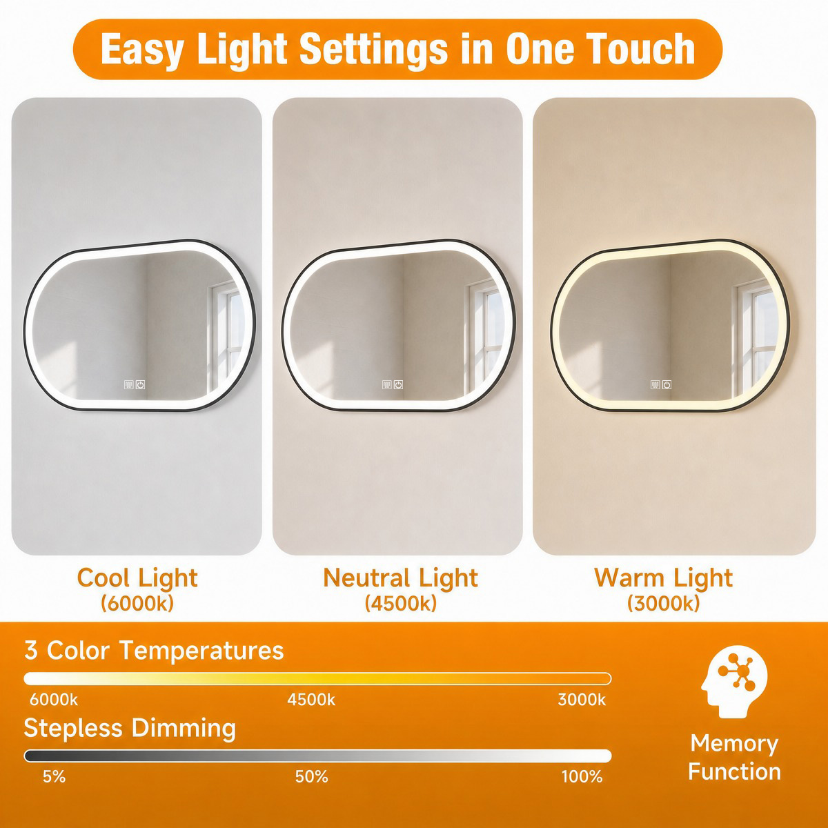 cool neutral warm light, stepless dimming, memory function