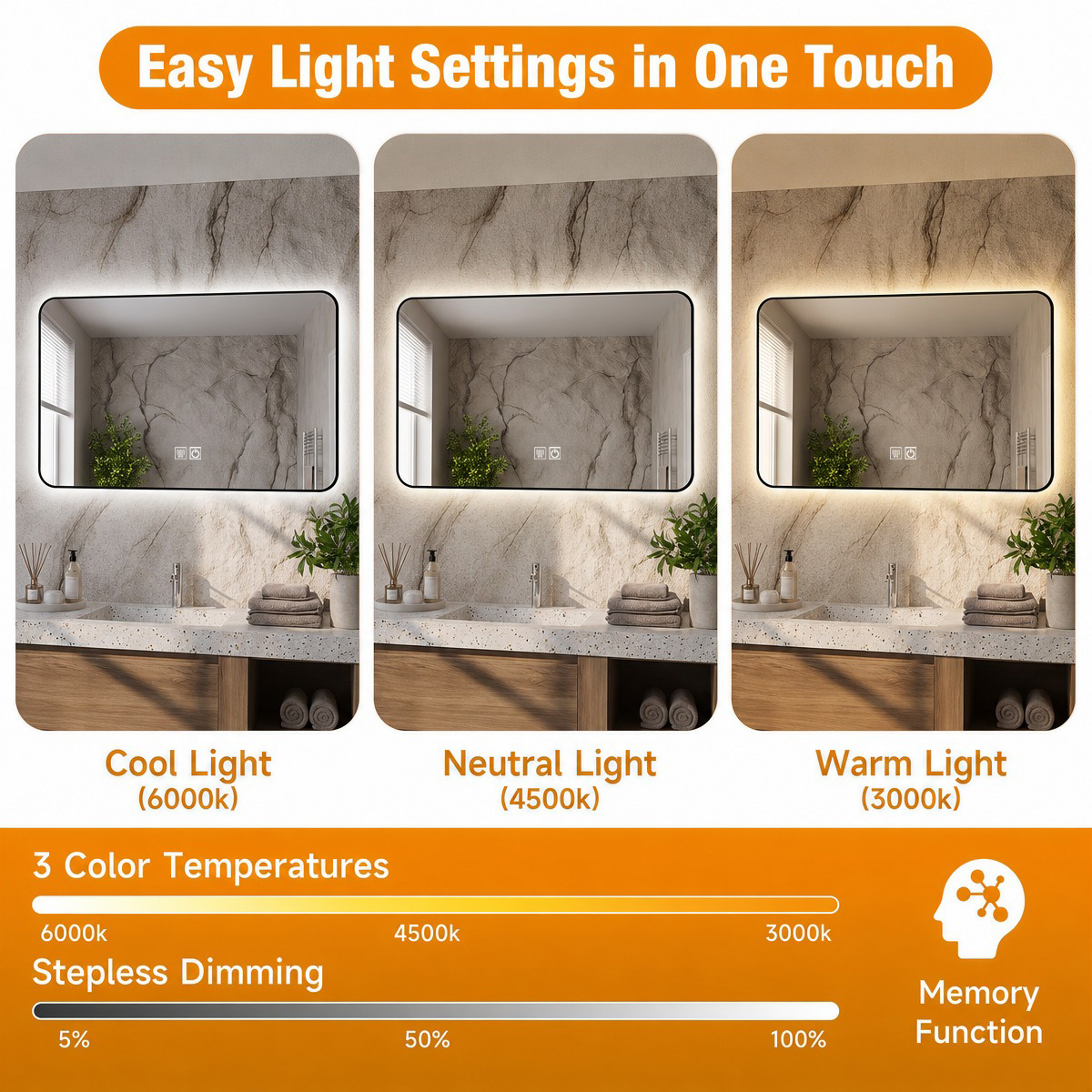 cool neutral warm light, stepless dimming, memory function