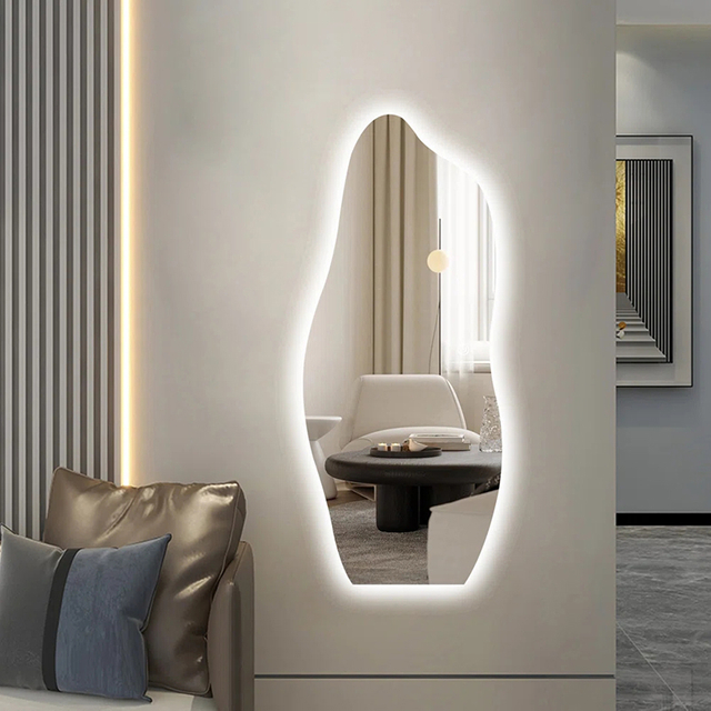 Spremium Asymmetrical Shaped LED Lighted Floor Mirror Irregular Wall Mirror Contemporary Decor Mirror for Interior Decoration