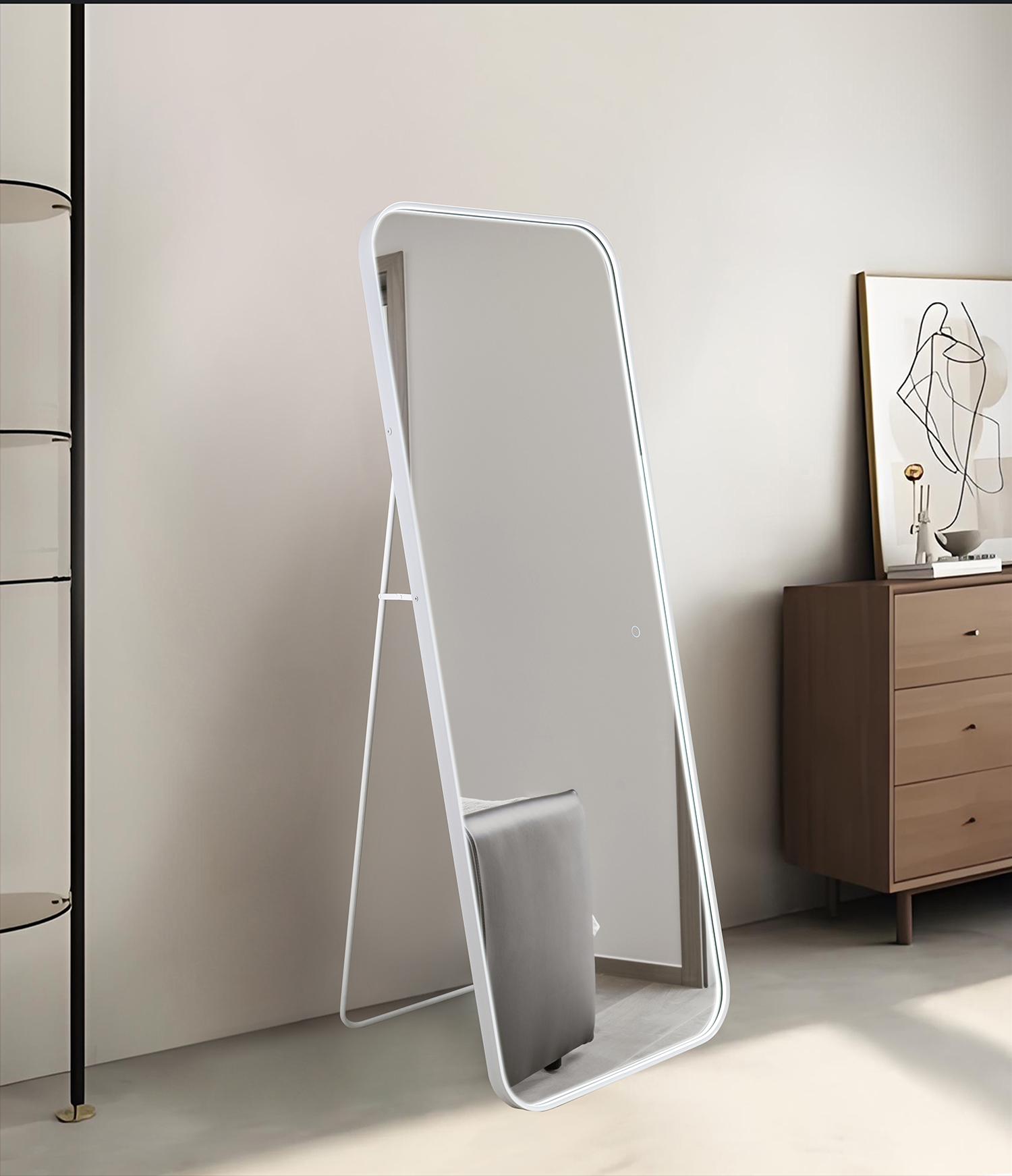 Modern Tall Rounded Edge White Aluminum Frame LED Vanity Mirror Free‑Standing For Bedroom