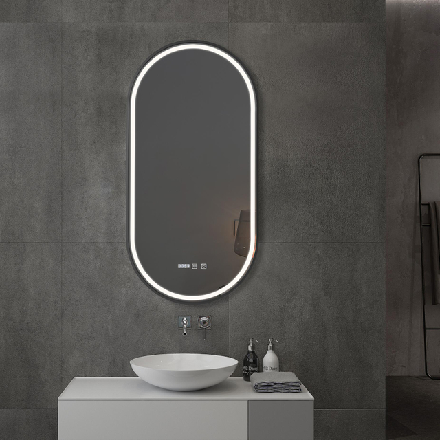 Wholesale Oval Black Framed Smart Illuminated LED Anti-Fog Bathroom Vanity Makeup Cosmetic Wall Decorative Dressing Light Bath Mirror