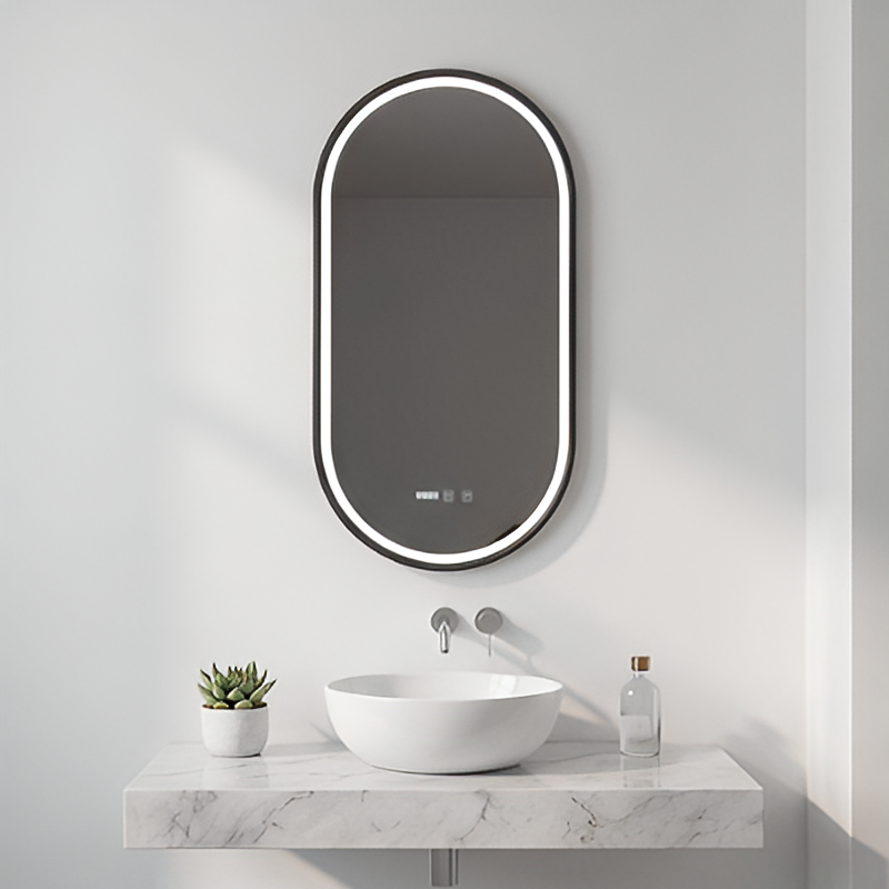 Wholesale Oval Black Framed Smart Illuminated LED Anti-Fog Bathroom Vanity Makeup Cosmetic Wall Decorative Dressing Light Bath Mirror