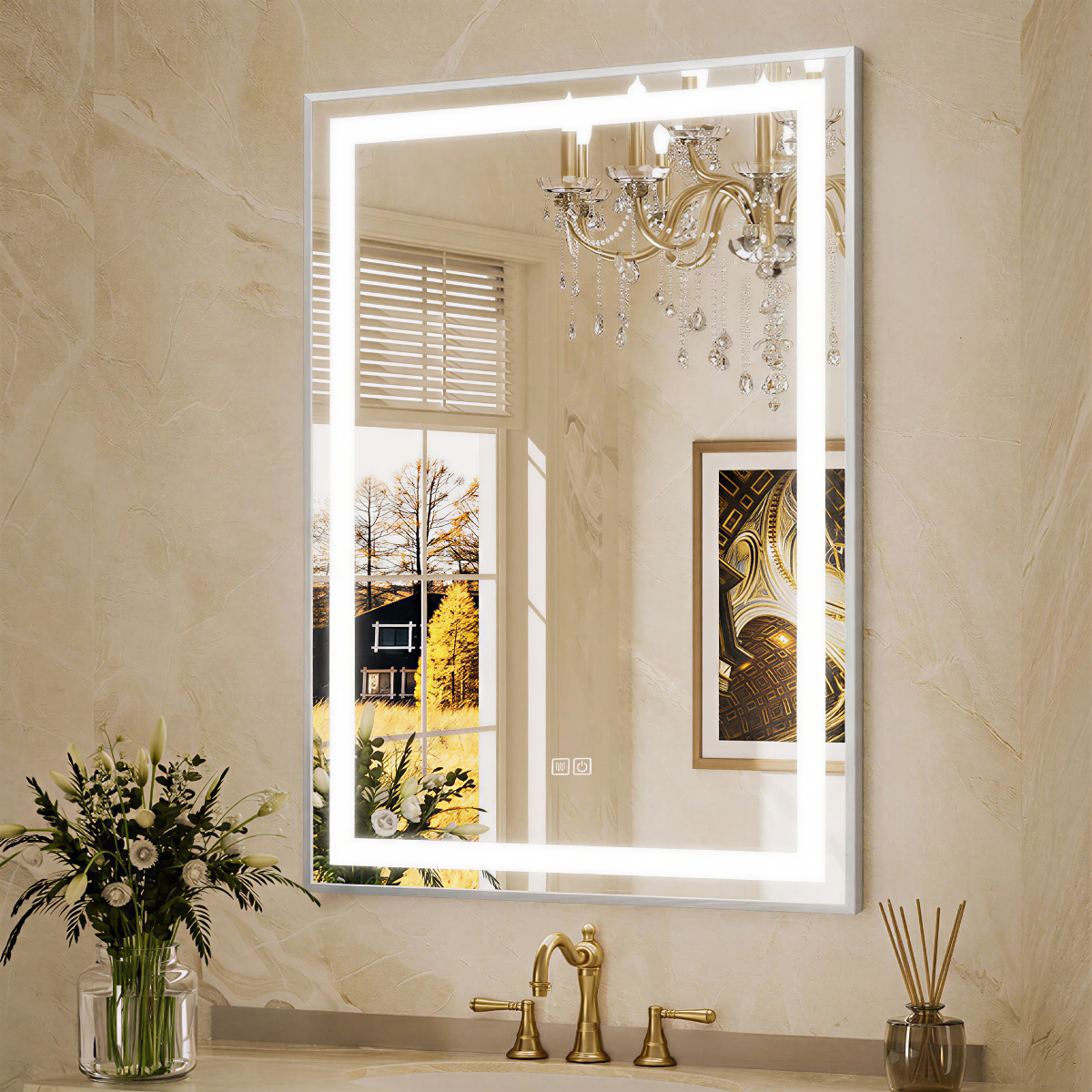 Beveled+Front+&+Back+LED+Bathroom+Vanity+Mirror+Dimmable+Anti-Fog+Tempered+Glass