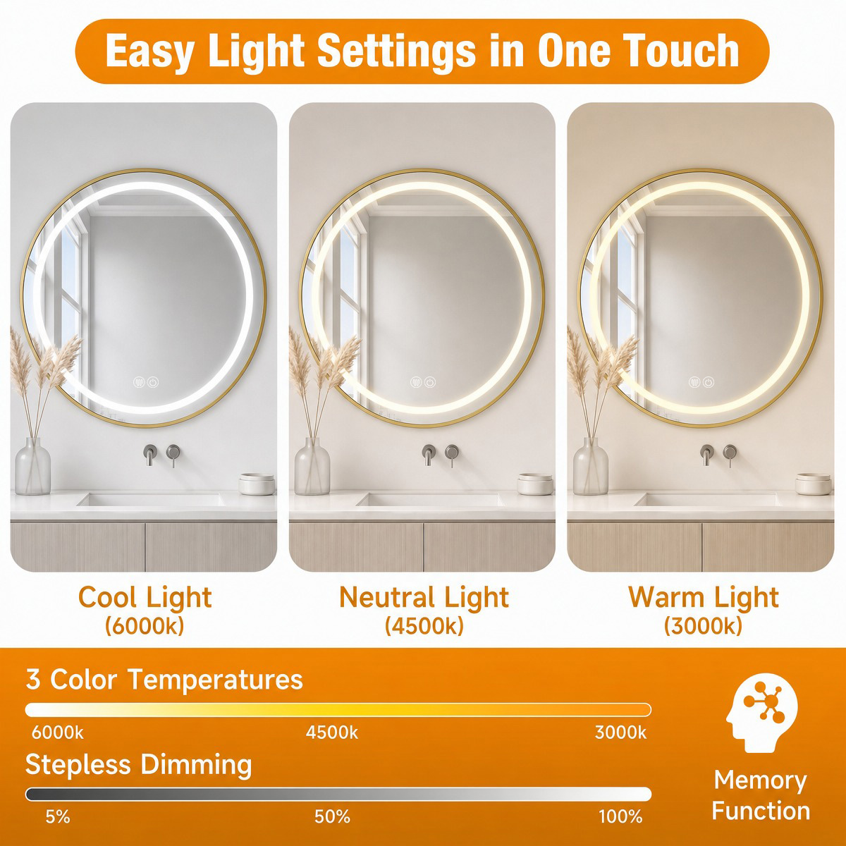 cool neutral warm light, stepless dimming, memory function