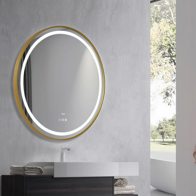 Espejo Intelligent Golden Framed LED Bathroom Smart Anti-Fog LED Mirror for Vanity
