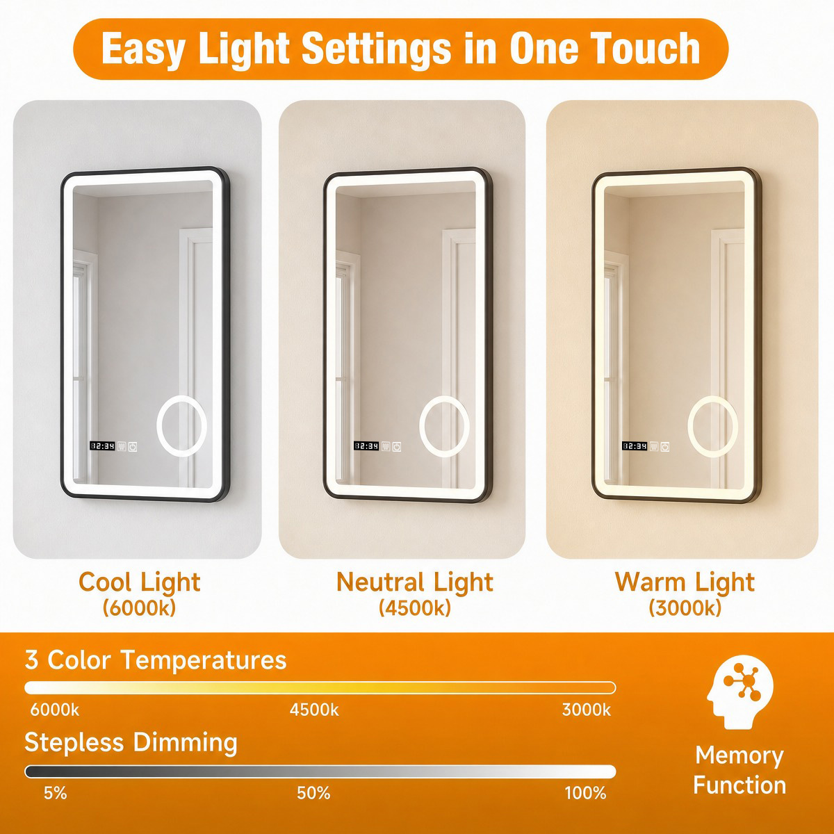cool neutral warm light, stepless dimming, memory function