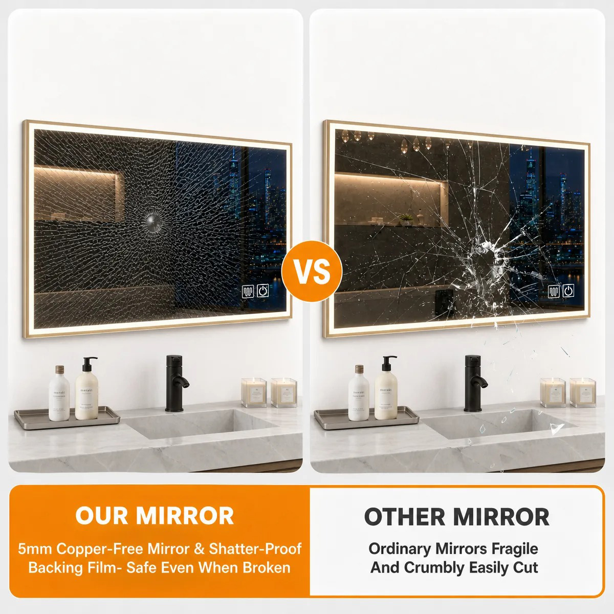 5mm copper-free mirror and shatterproof backing film, safe even when broken