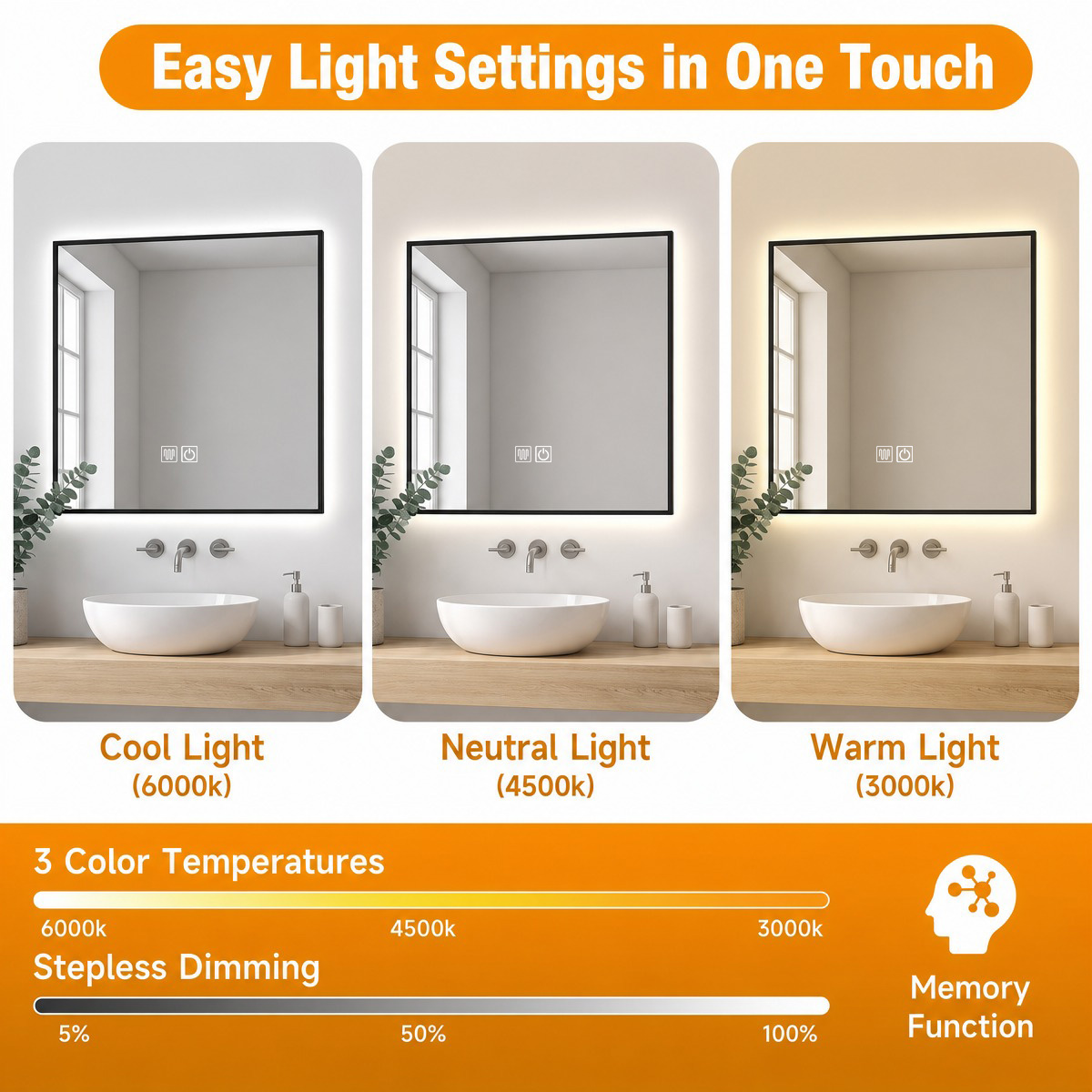 cool neutral warm light, stepless dimming, memory function