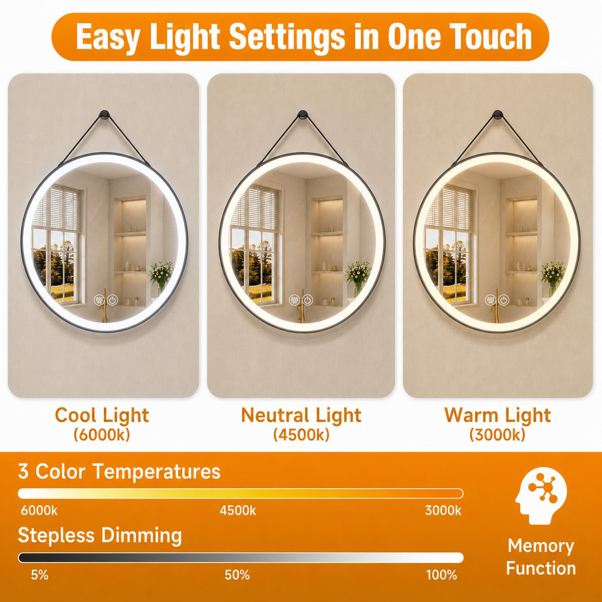 cool neutral warm light, stepless dimming, memory function