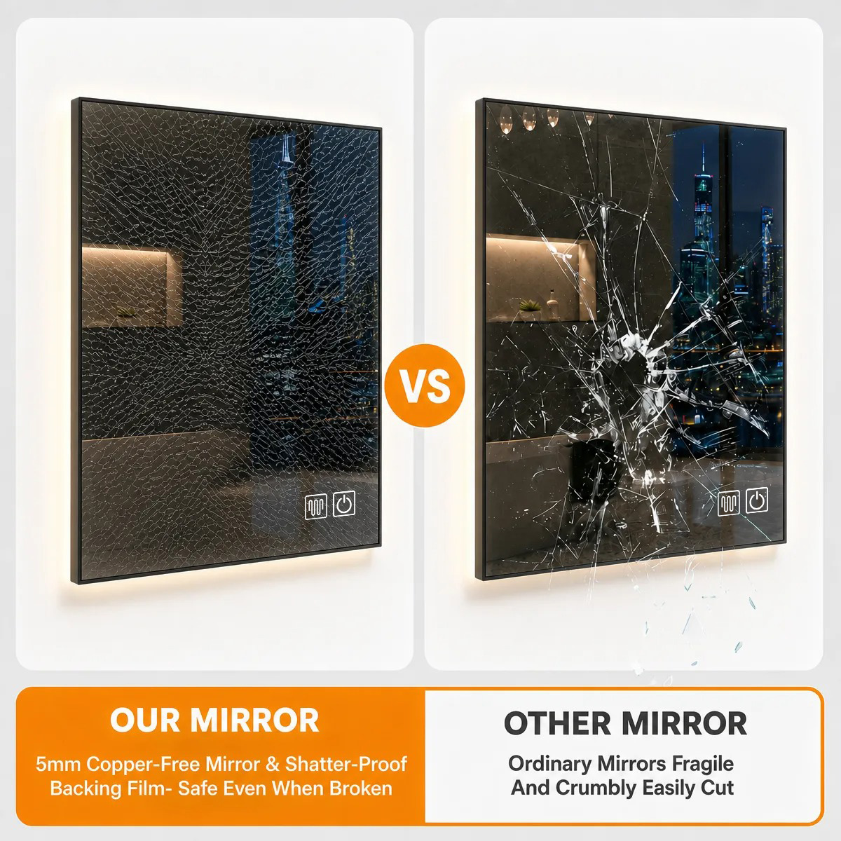 5mm copper-free mirror and shatterproof backing film, safe even when broken