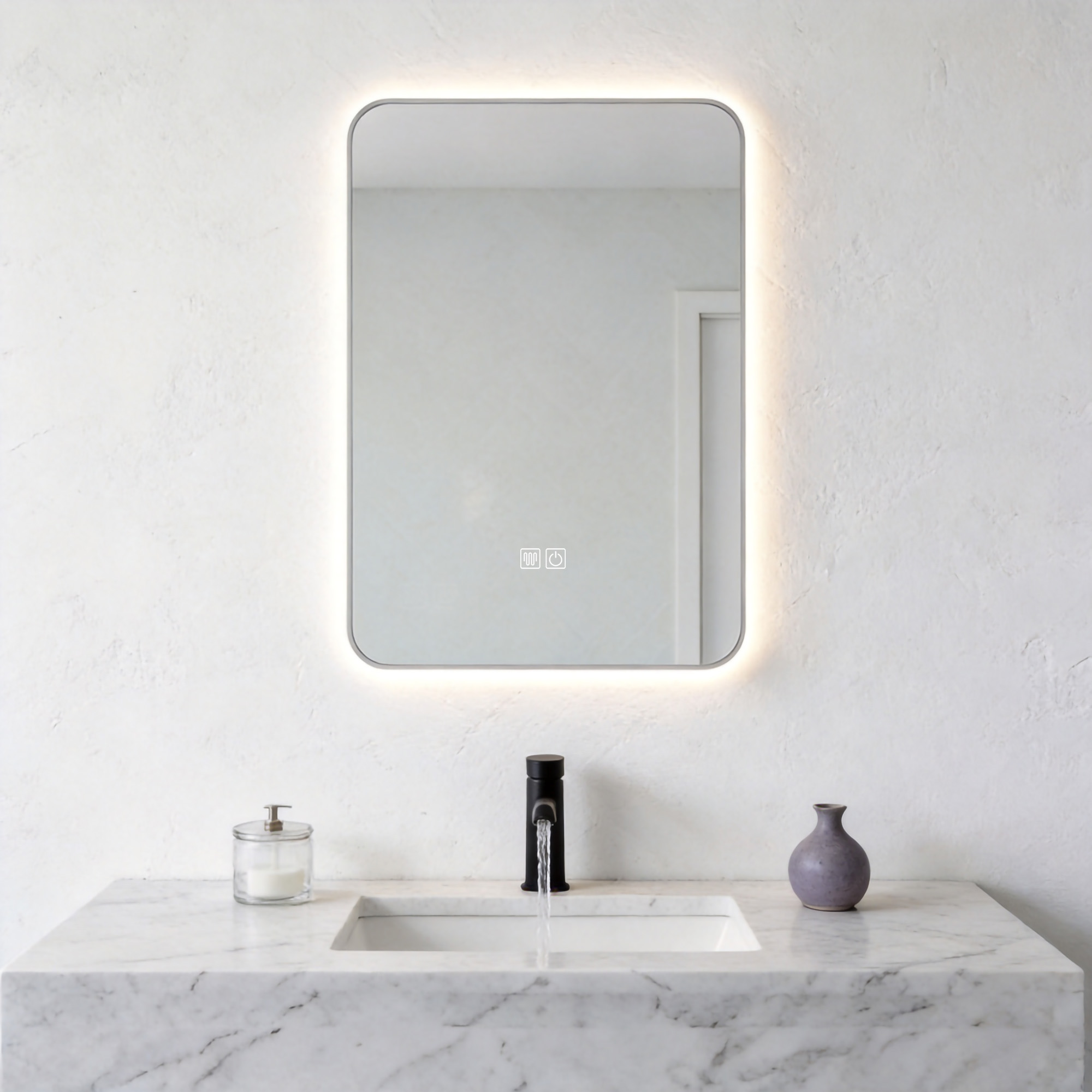 Rectangular Thin Silver Aluminum Framed Smart Anti-Fog Dimmable Three Color Illuminated Wall Mounted Home Decor Vanity Makeup Cosmetic LED Light Bathroom Mirror