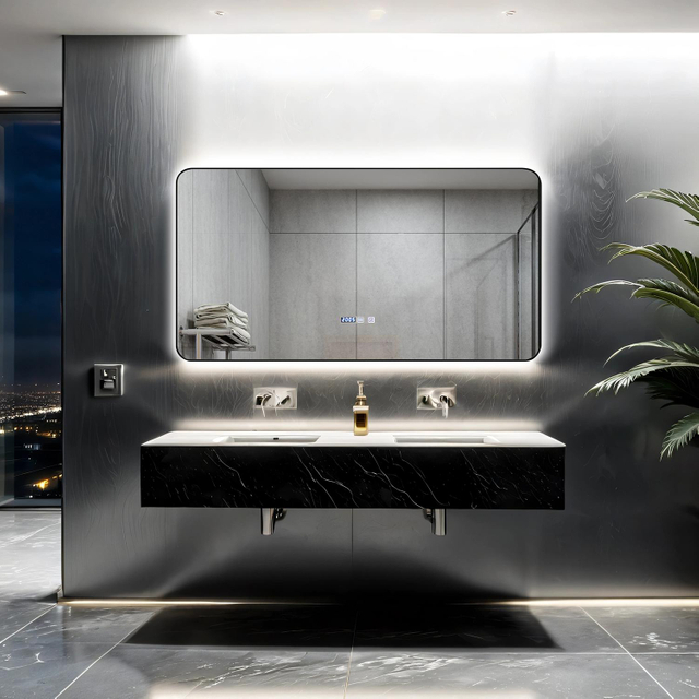 Wholesale European Style Rectangular Corner Ultra Slim Black Aluminum Framed LED Bathroom Wall Decorative Mirror Espejo