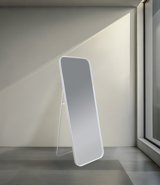 Modern Tall Rounded Edge White Aluminum Frame LED Vanity Mirror Free‑Standing For Bedroom