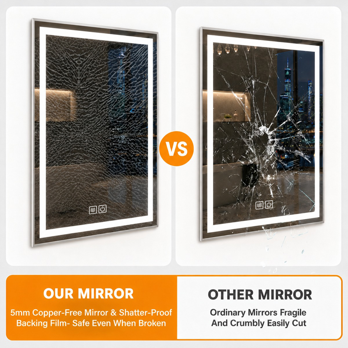 5mm copper-free mirror and shatterproof backing film, safe even when broken