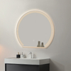 Round LED Bathroom Mirror With Etched Strip Pattern Backlight And Built‑in Shelf Touch Control
