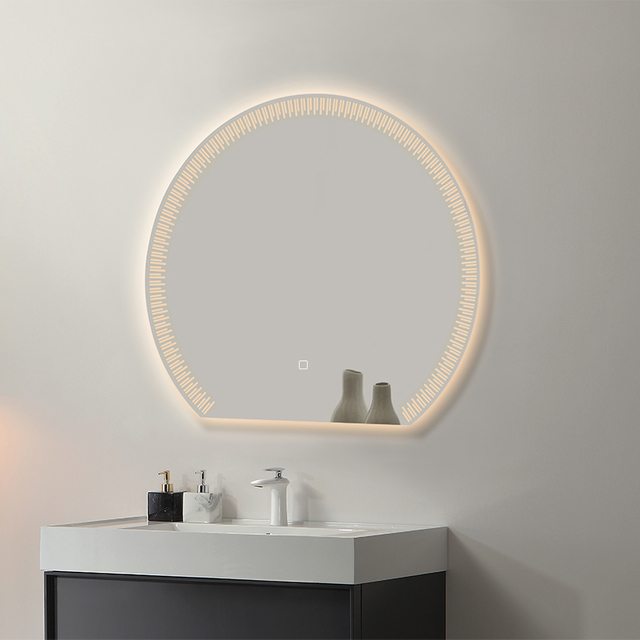 Round LED Bathroom Mirror With Etched Strip Pattern Backlight And Built‑in Shelf Touch Control