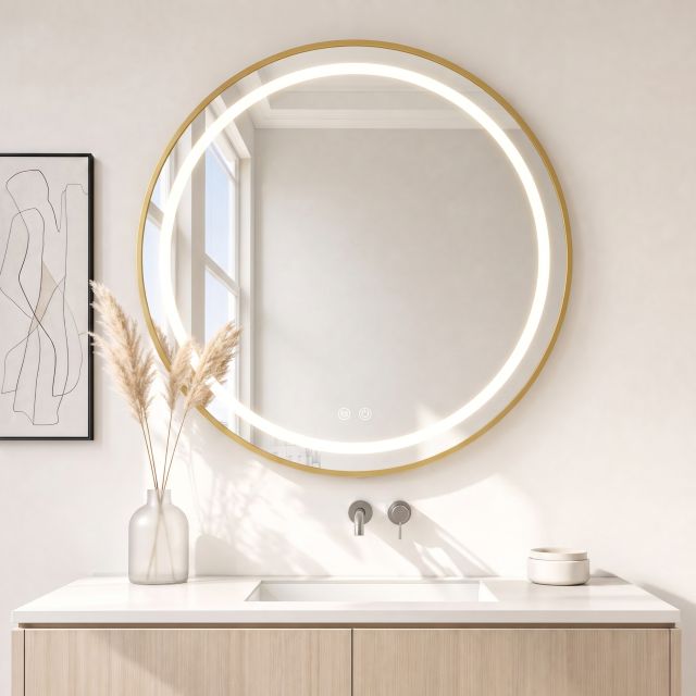 Espejo Intelligent Golden Framed LED Bathroom Smart Anti-Fog LED Mirror for Vanity