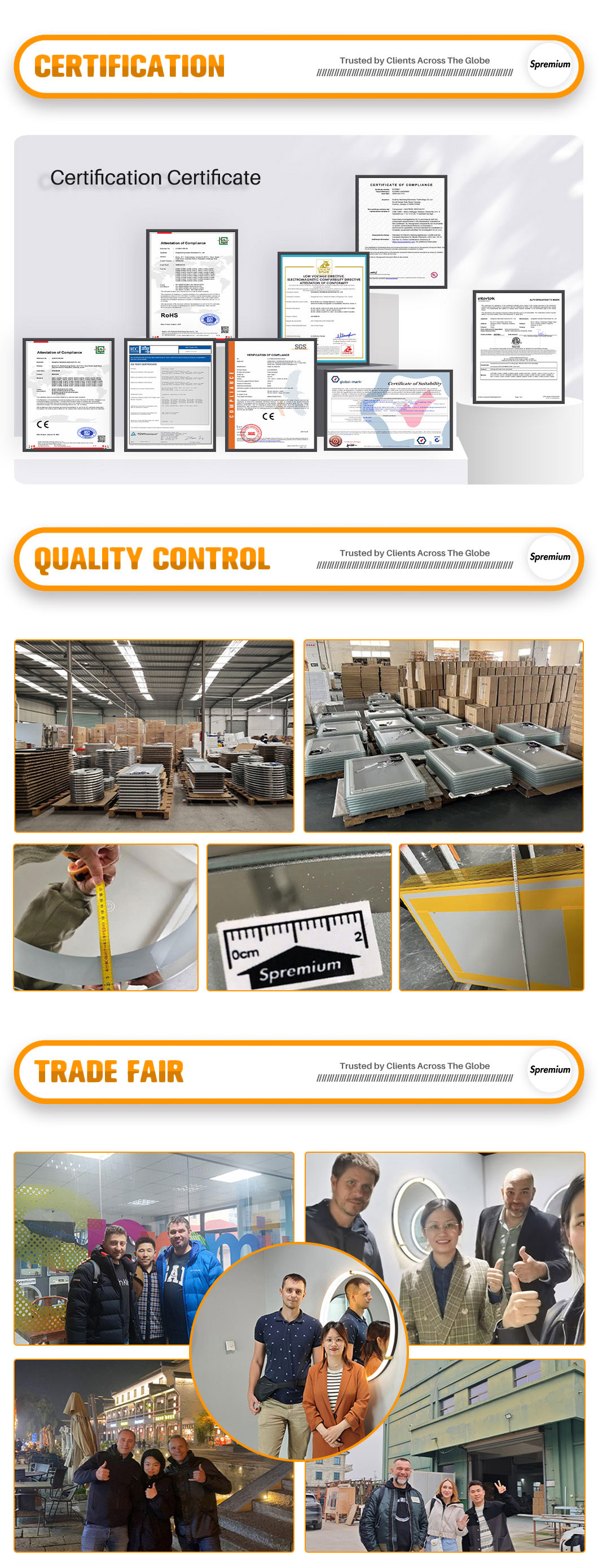 certification of CE, ETL, UL, SAA, RoHS, quality control, trade fair