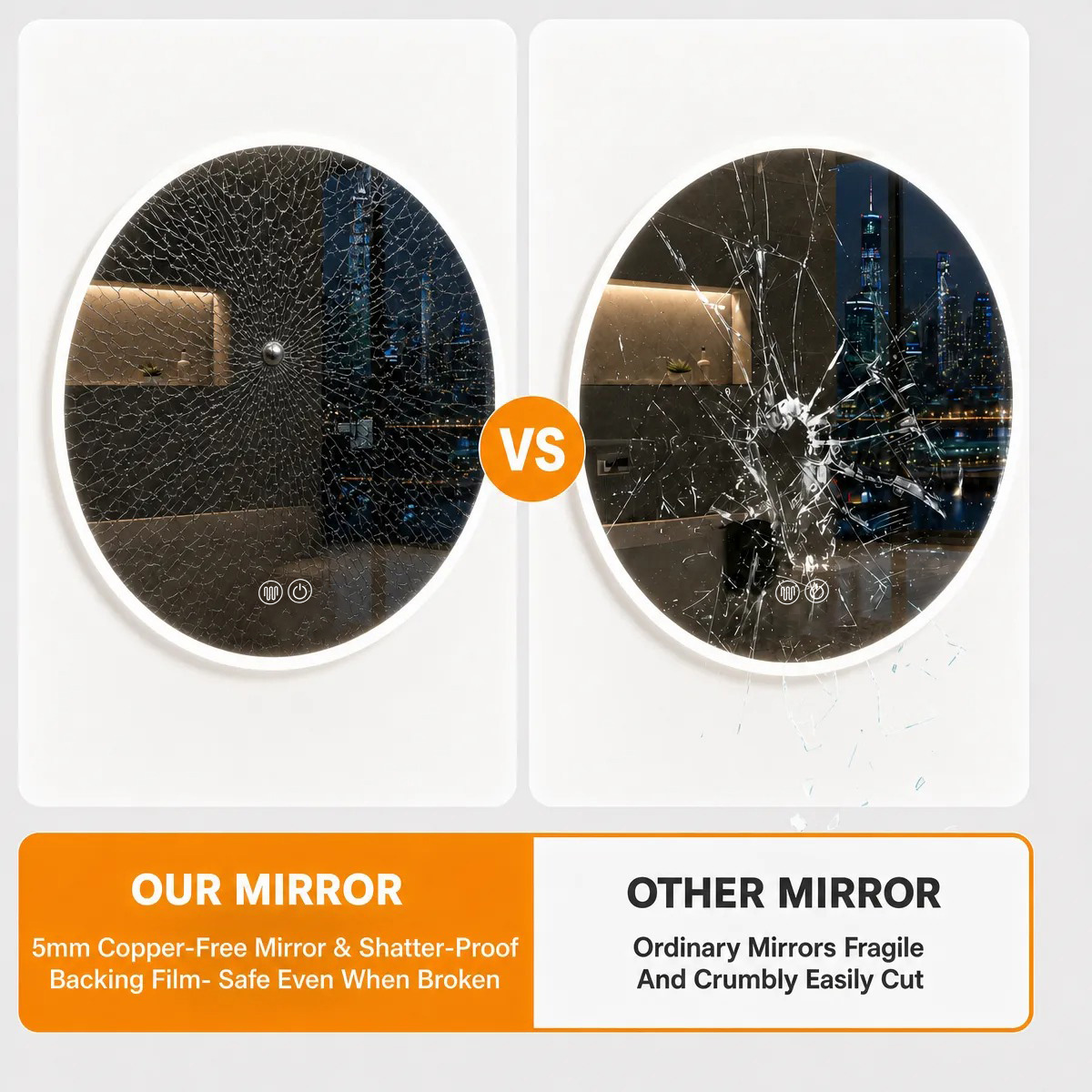 5mm copper-free mirror and shatterproof backing film, safe even when broken