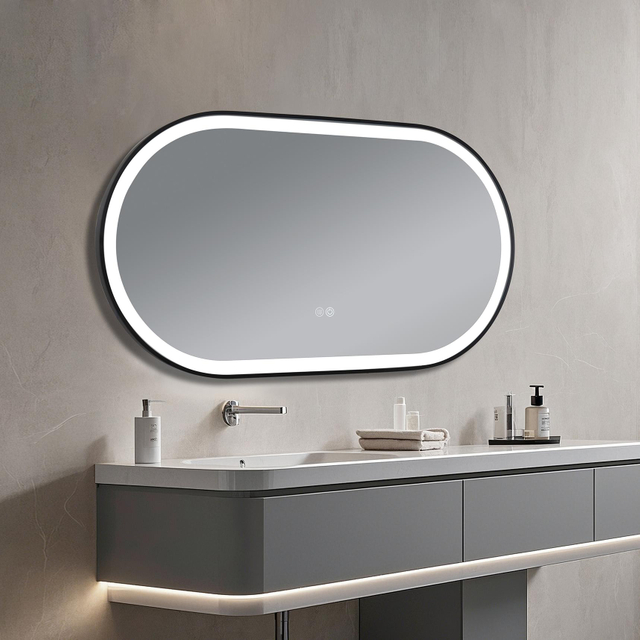 Oval Black Sandblasted Aluminum Framed Smart Touch Anti-Fog Dimmable Three Color Illuminated LED Wall Mounted Home Decor Vanity Makeup Cosmetic Bathroom Mirror