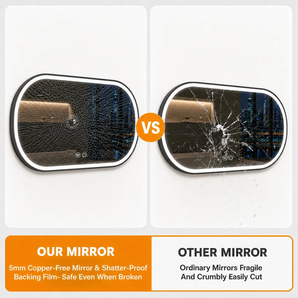 5mm copper-free mirror and shatterproof backing film, safe even when broken