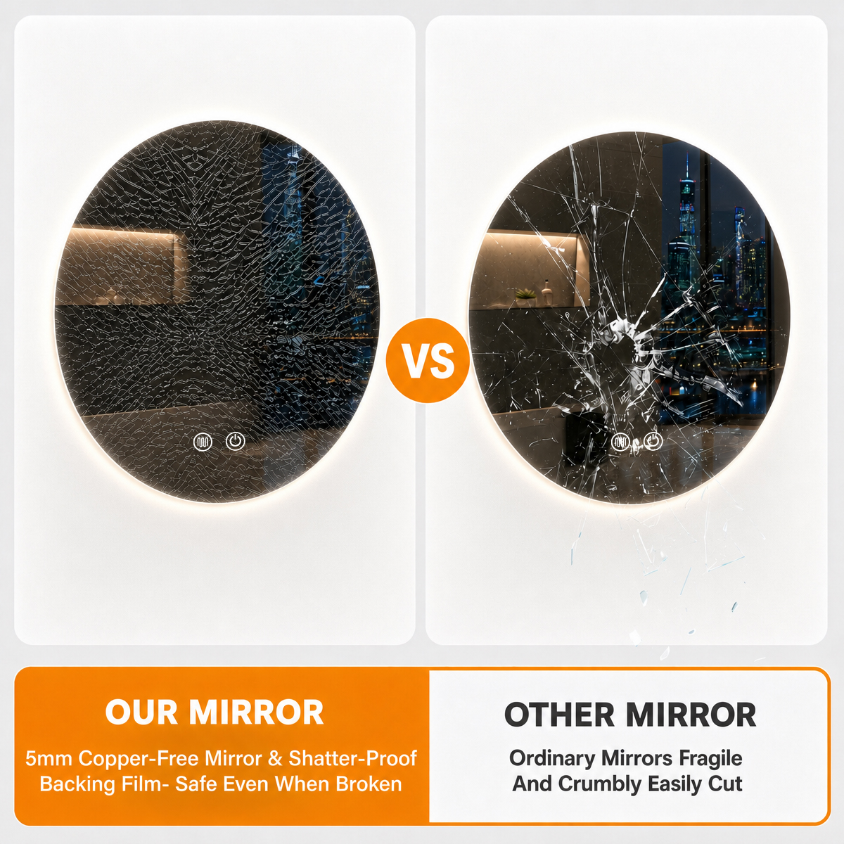 5mm copper-free mirror and shatterproof backing film, safe even when broken