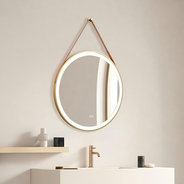 Round LED Bathroom Mirror Gold Frame With Hanging Strap Touch Control