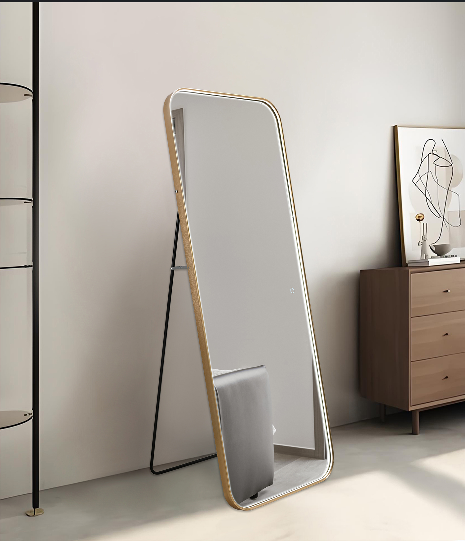 Freestanding Full‑Body LED Floor Mirror Gold Aluminum Frame Touch Control