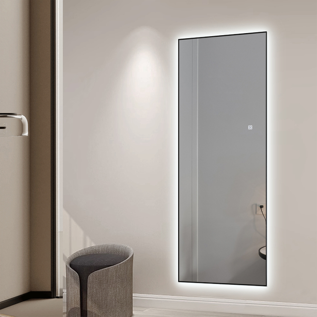 Vertical Wall‑Mounted LED Floor Mirror Ultra‑Slim Black Frame Touch‑Control Dimmable