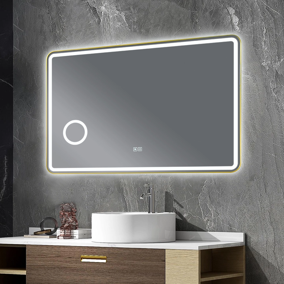 Modern Rounded‑Rectangle LED Mirror 8mm Silver Aluminium Frame With Makeup Magnifier