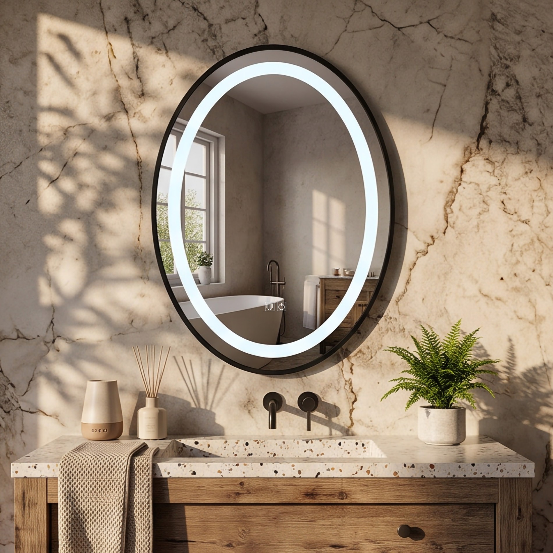 Contemporary Crystal Clear Glass Demister 60X80 Round Illuminated LED Mirror