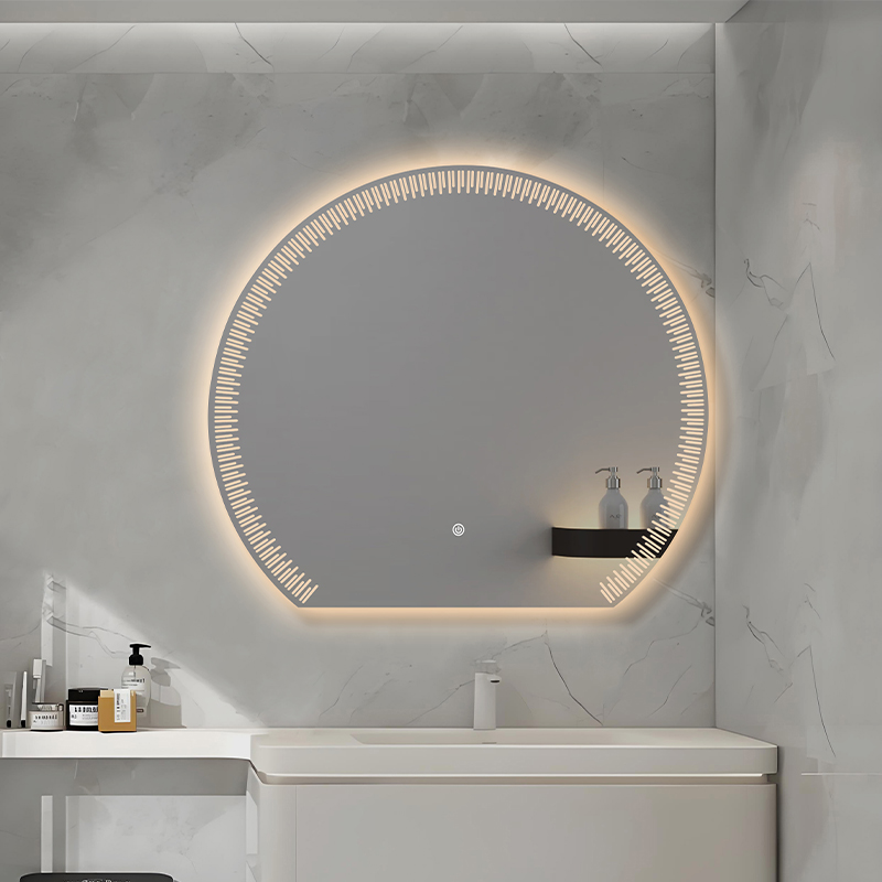 Round LED Bathroom Mirror With Etched Strip Pattern Backlight And Built‑in Shelf Touch Control