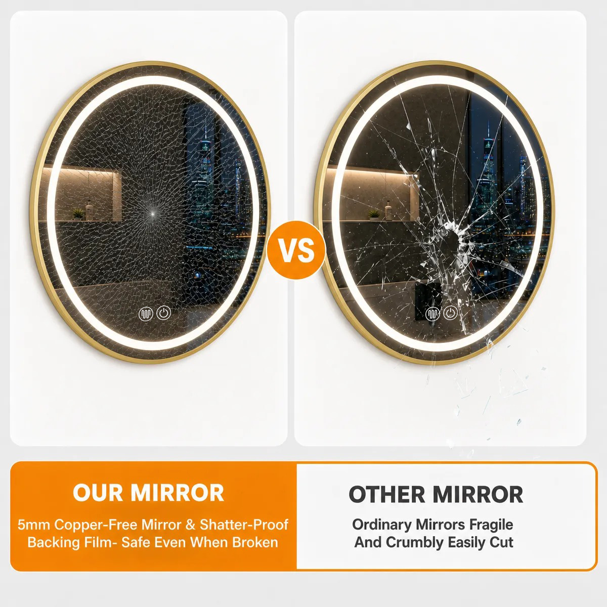 5mm copper-free mirror and shatterproof backing film, safe even when broken
