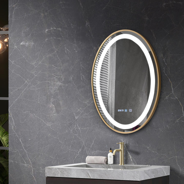 Oval Gold Sandblasted Aluminum Framed Smart Time Display Illuminated LED Wall Mounted Home Decor Vanity Makeup Cosmetic Light Bathroom Mirror Espejos