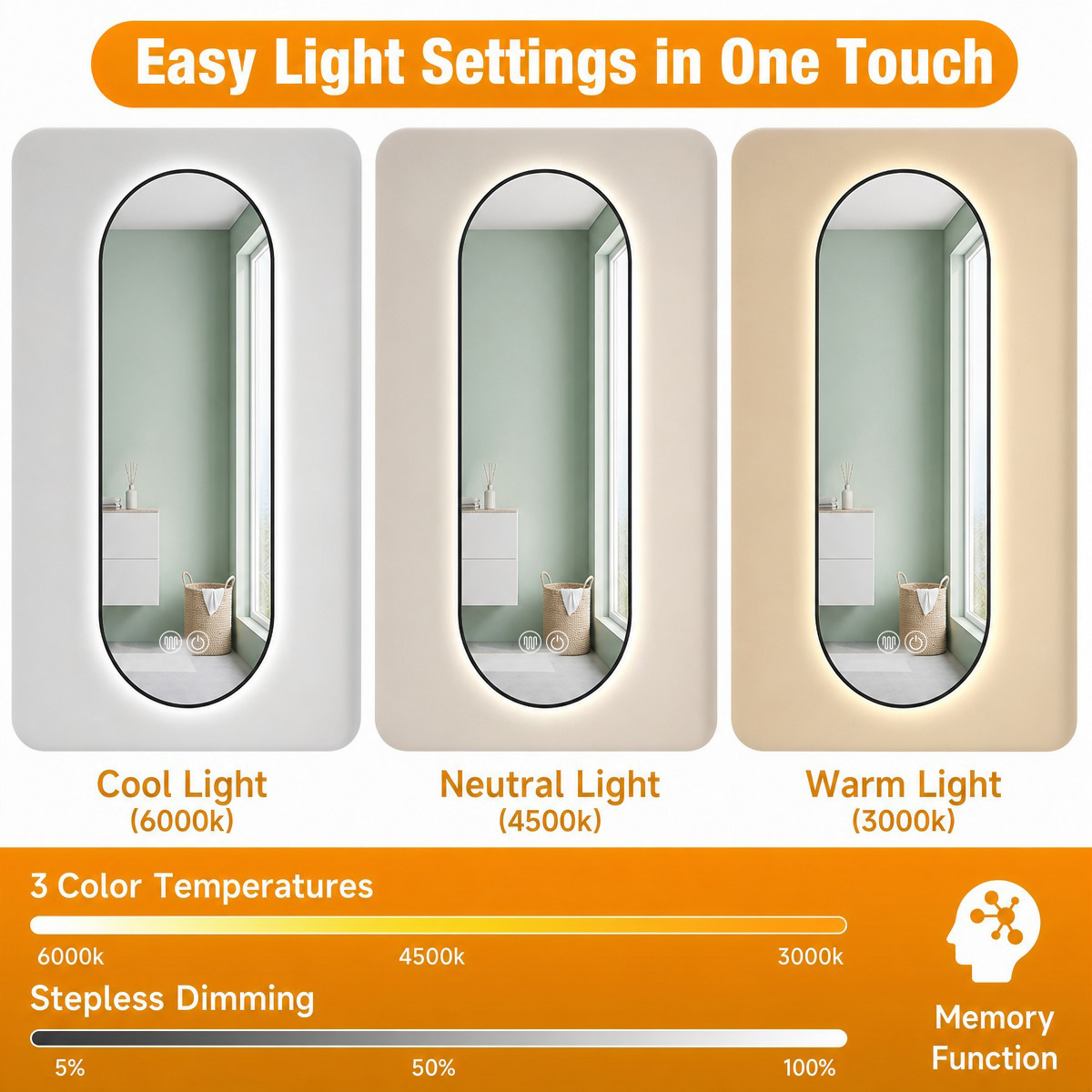 cool neutral warm light, stepless dimming, memory function
