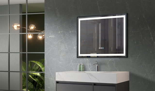 Rectangular Black‑Framed LED Bathroom Mirror With Border Back‑Light & Time Display